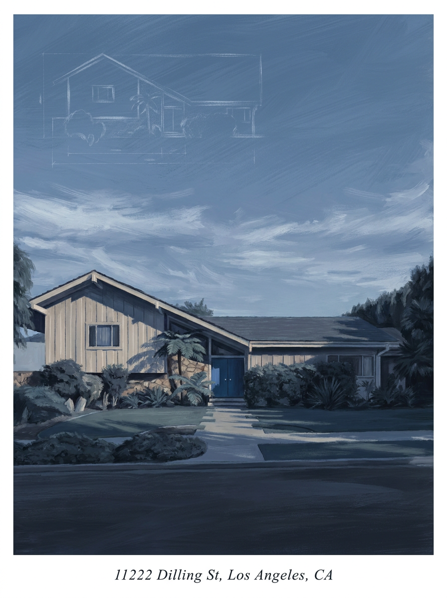 Illustrated portrait of 11222 Dilling St — Studio City Contemporary Ranch with vertical wood siding and flagstone, and above it floating in the night sky, a faint architectural-drawing of the split-level facade everyone remembers from television.