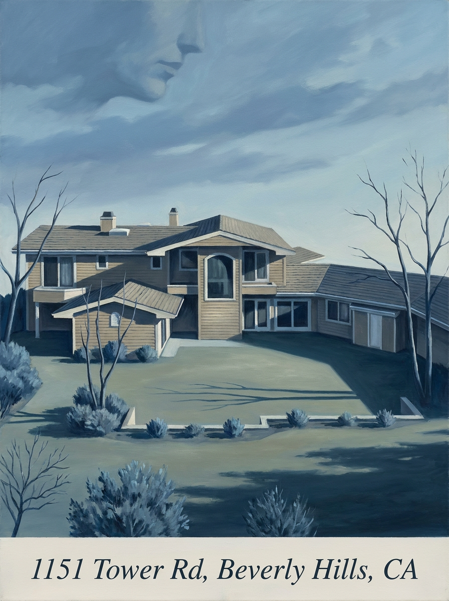 Illustrated portrait of 1151 Tower Rd — terraced Beverly Hills house with multi-bay garage, palm trees, dusk sky with a profile-shaped cloud floating above the ridgeline.