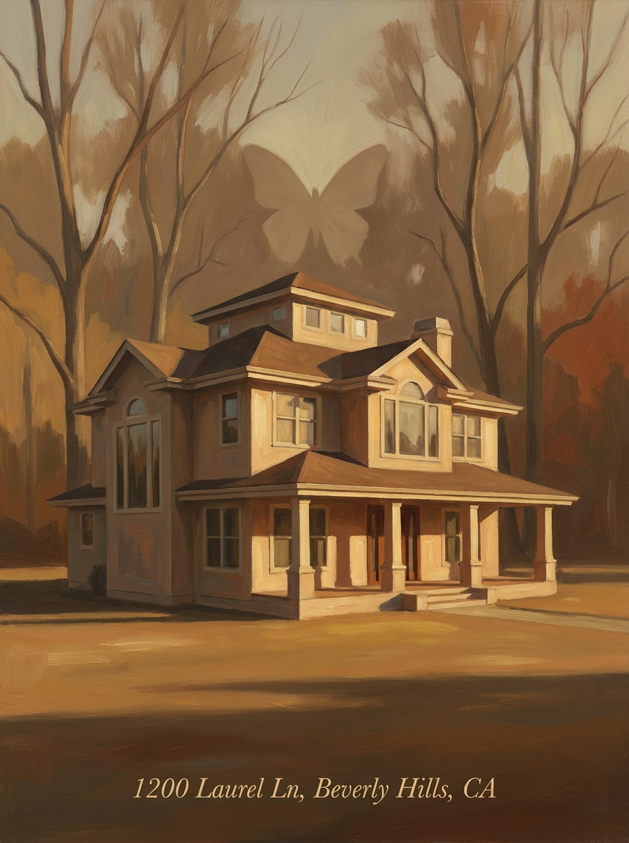 Illustrated portrait of 1200 Laurel Ln — Georgian Revival house at golden hour, monarch butterflies rising in the trees behind it.