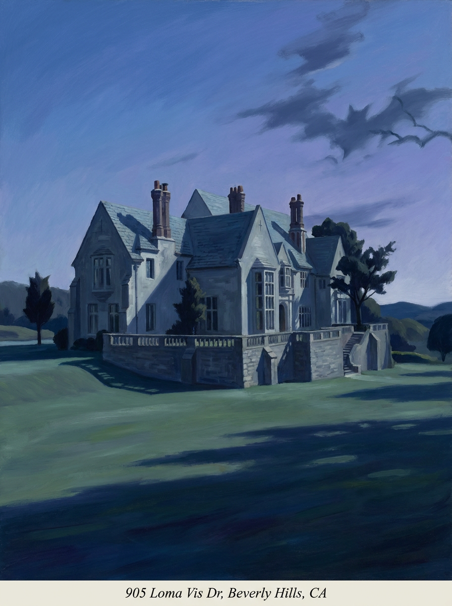 Illustrated portrait of 905 Loma Vista Dr — Tudor Revival mansion at twilight, five red-brick chimneys, formal gardens, a single bat across the dusk sky.